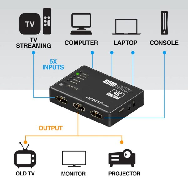 switch argomtech arg av 5125 5 puertos hdmi 4k hd