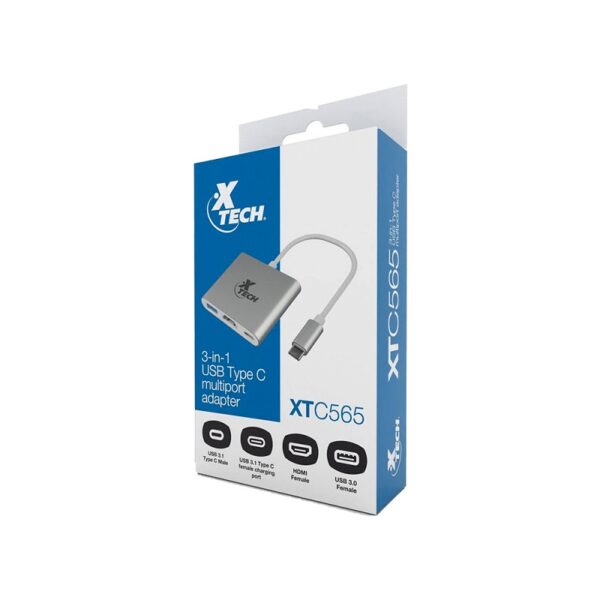 adaptador xtech 3 en 1 usb c/hdmi/usb a usb c xtc 565 5gbps 4k plata
