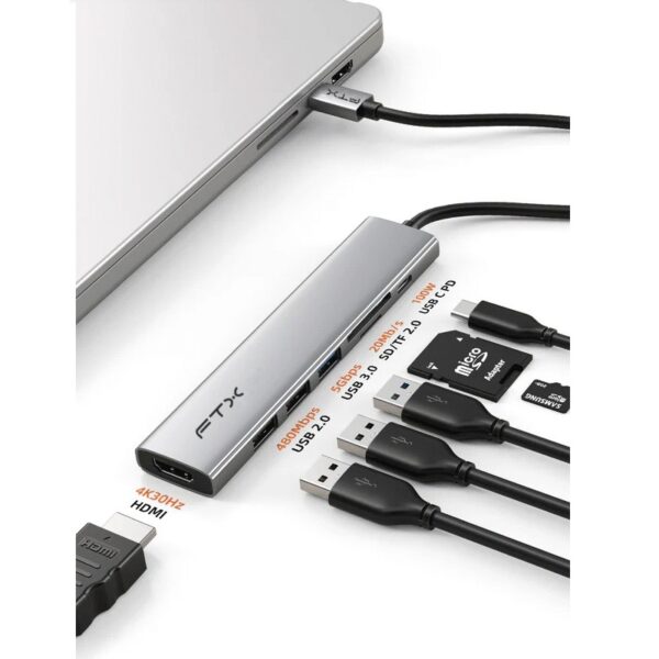 ftx hub ftx hbp2 ag7 usb c 3.0/7 en 1 4k/5gbps/hdmi/usb/sd tf gris