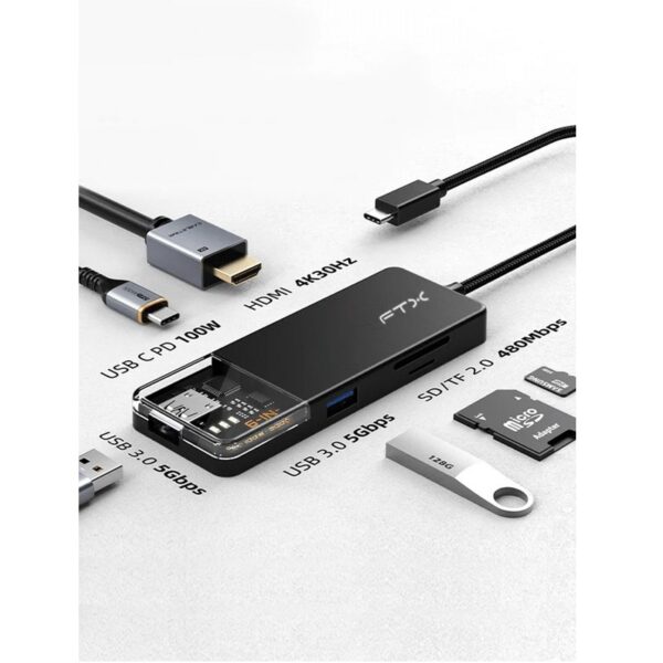 ftx hub ftx hubt4 pb usb c 3.0/6 en 1 4k/5gbps/sd negro
